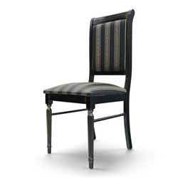 Italian Neoclassical inspired ebonised gloss dining table with four matching chairs,  circular top with additional leaf (Extends to  145cm) with Greek key banding, on a shaped pedestal base with gilt highlights and stepped plinth, the chairs en suite with padded back and seat with Greek key, reeded front supports