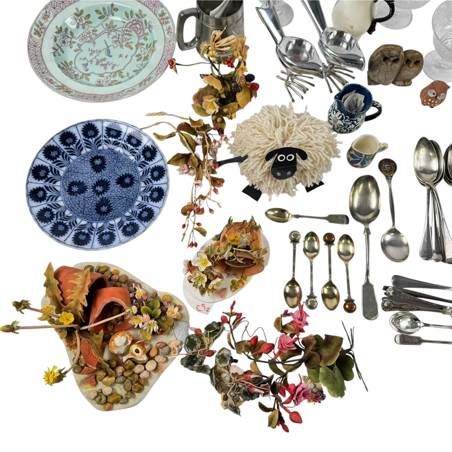 Lladro angel figure, together with a butterfly wing picture, silver plate cutlery etc  