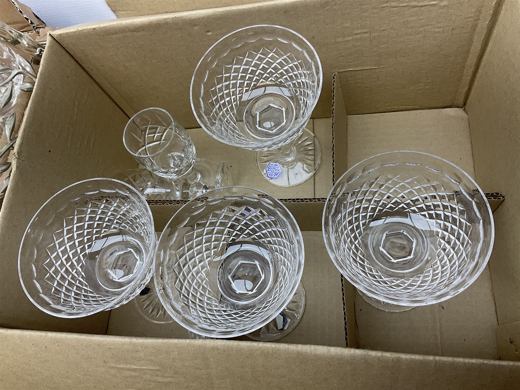 Stuart Crystal Hardwicke pattern glasses, silver mounted glass tray stamped Birmingham 1909, silver collared bottle, pukeberg of Sweden owl paperweight, decanter, mantel clock, dressing table brush set etc in three boxes