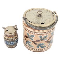 Doulton Lambeth ewer, together with a mustard pot and jar and vase, ewer H16cm 