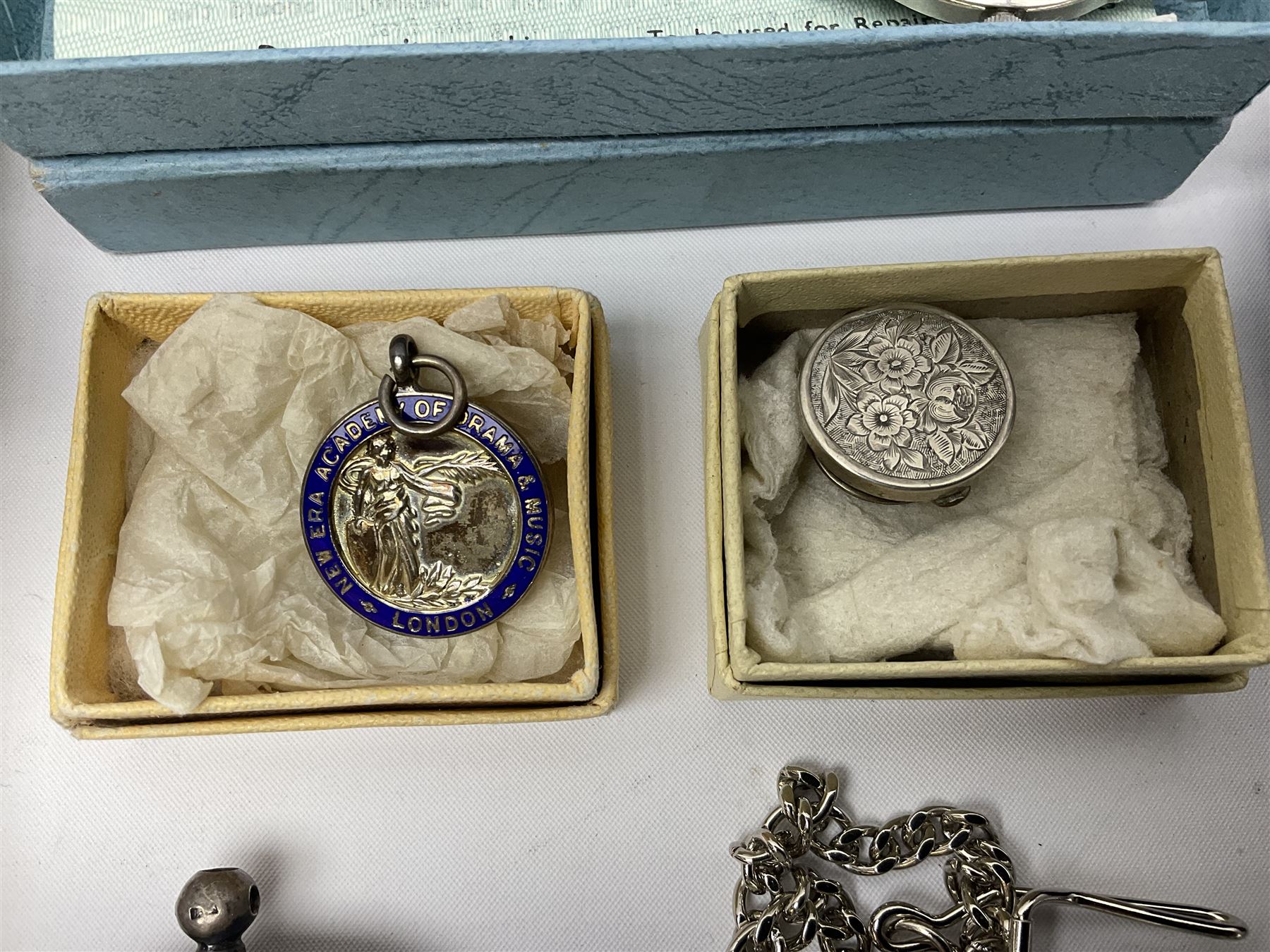 Pair of Georgian silver dress buttons, silver caddy spoon, silver fob medals, silver watches, set of six silver plated teaspoons, set of gilt buttons with ship design, etc