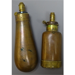  G & J.W Hawksley combined Pistol shot and powder flask, copper bottle shaped body with brass dispenser and swivel compartment covers, H10cm and a copper powder flask with brass dispenser, H13cm (2)  