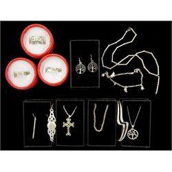 Silver jewellery including three rings, two bangles, two bracelets, two pairs of earrings and three necklaces 