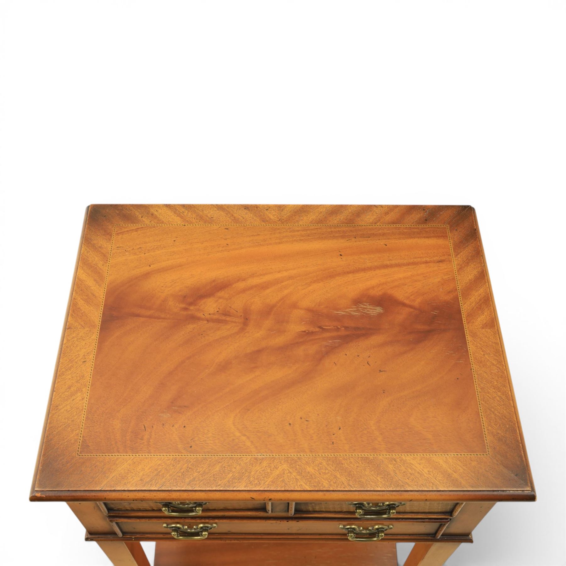 Georgian design mahogany lamp table, fitted with three small drawers, raised on square supports united by a full length undertier