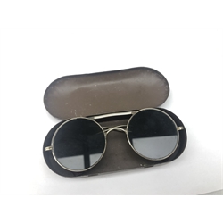  Pair of wire framed aviation pilots glare glasses with the original Air Ministry tin, marked to the top of the tin A.M with crown, 294/11/R8770 LEVERS  