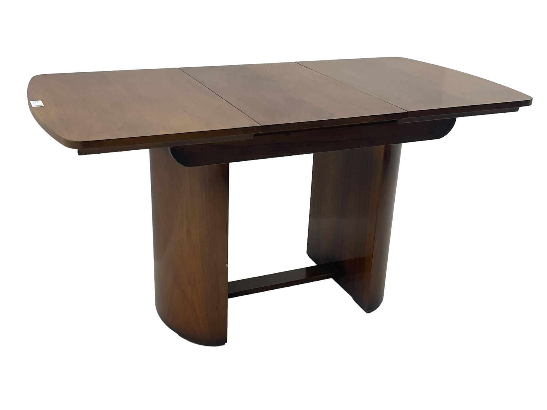 Beautility - early to mid-20th century walnut extending dining table, the additional leaf/coffee table with folding supports (76cm x 106cm - 153cm, H78cm); set of four dining chairs upholstered in teal leather 