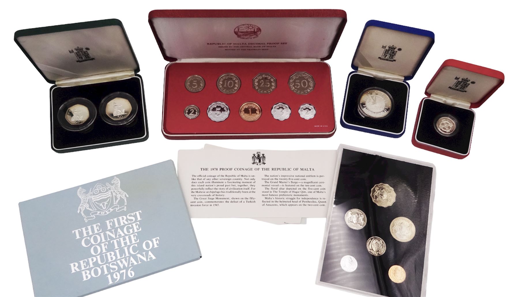 The Royal Mint United Kingdom 1997 silver proof two-coin fifty pence set, 2001 silver proof piedfort one pound coin and 1999 silver proof five pound coin all cased without certificates, Republic of Malta 1978 nine-coin proof set cased with certificate, Republic of Botswana 1976 six-coin set