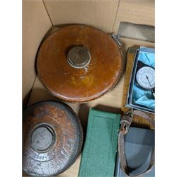 Three Rabone tape measures in leather cases, one with broad arrow, three map wheels, pair of Moore & Wright calipers, W Harling alidade in Whippy leather case with broad arrow and a collection of slide rules