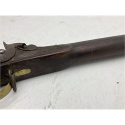 20th century Indian percussion musket, the 76cm barrel with two bands, indistinctly inscribed lock-plate, walnut full stock stamped 642 with brass butt and trigger guard and under barrel ramrod channel L121cm overall