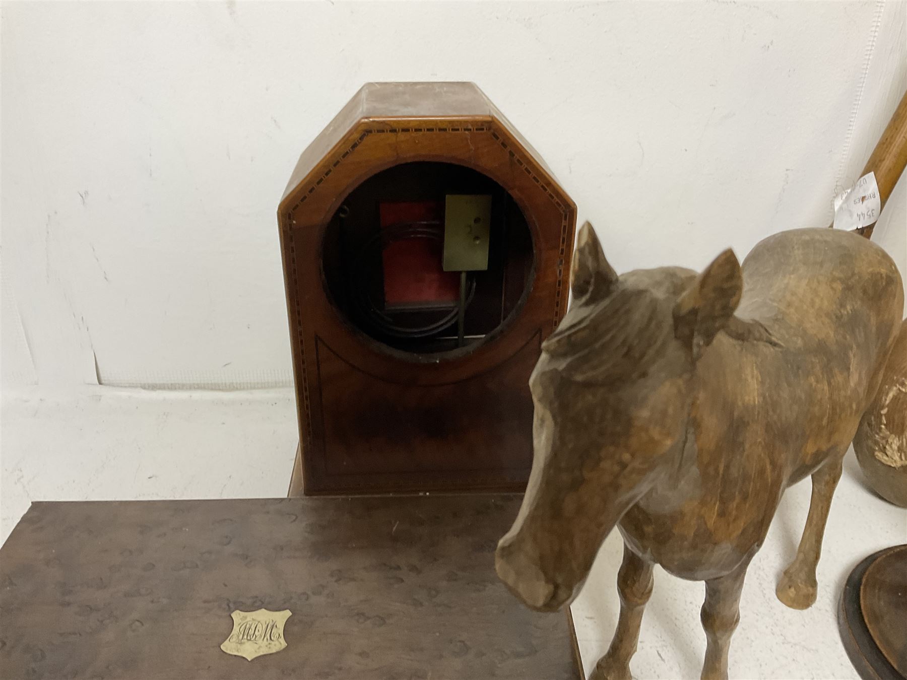 Taxidermy armadillo basket, mahogany clock case, burr walnut box, wooden exercise pins, satinwood pen tray with turned handles and a collection of other wooden collectables