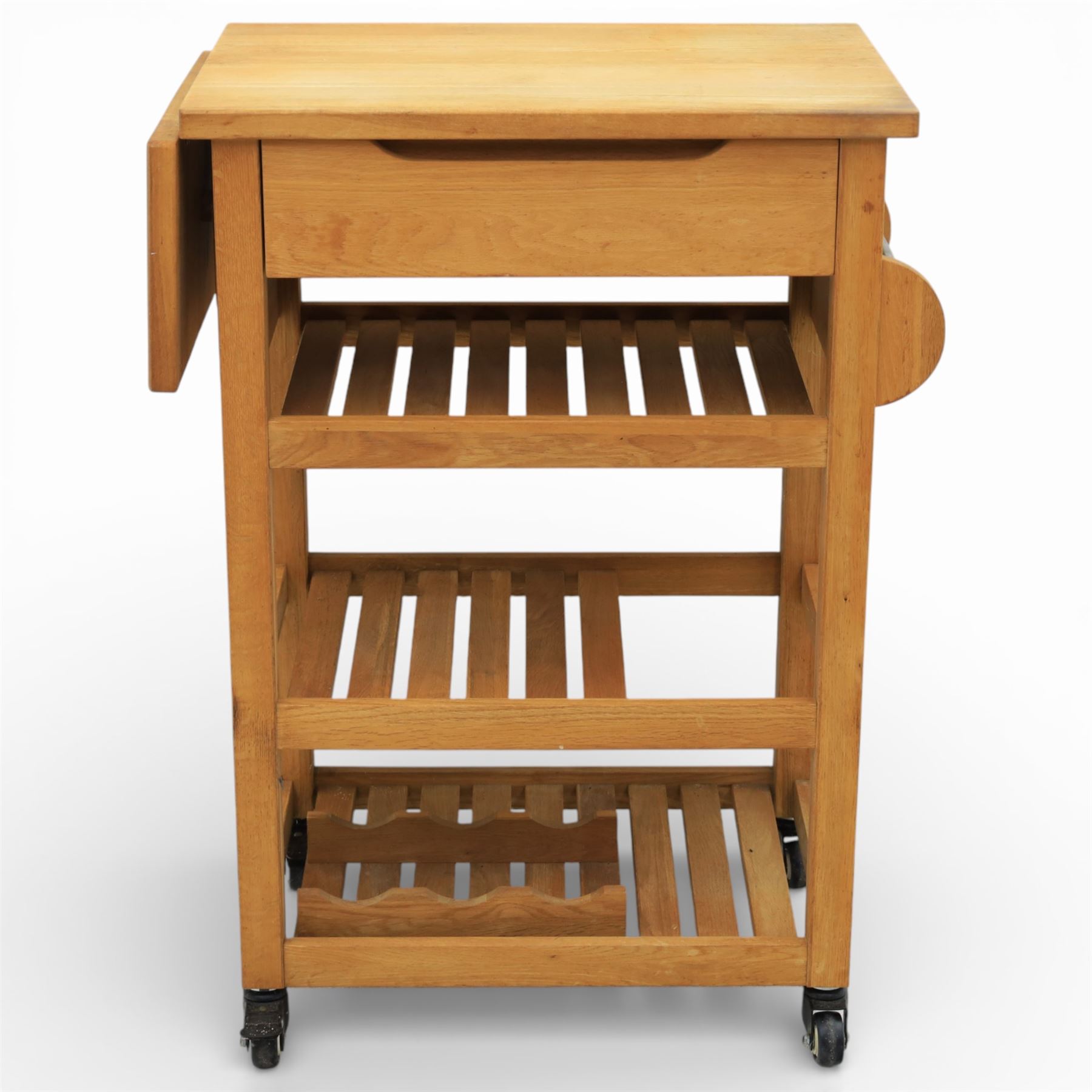 Modern oak butchers block, drop leaf end with towel rail to the other side, above three tiers raised on plastic castors 
