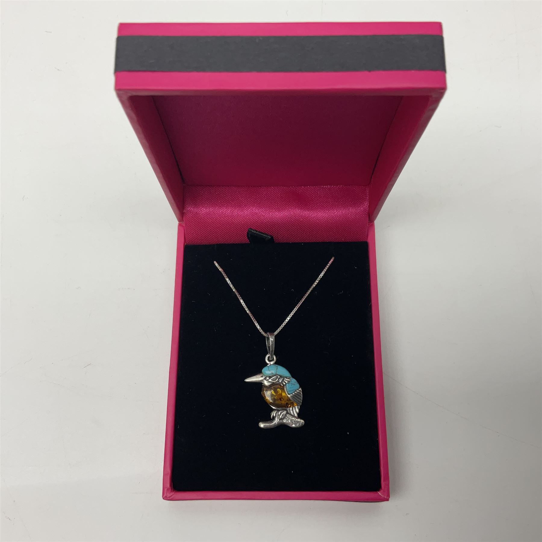 Silver Baltic amber and turquoise kingfisher pendant necklace, stamped 925 