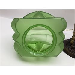 Art Deco style bronzed and gilded spelter figural table lamp with green Uranium glass shade; H48cm, another table lamp; and a bisque group