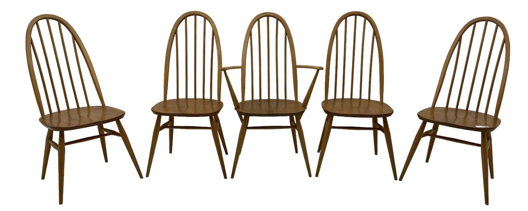 Ercol - set if five (4+1) elm and beech 'Windsor' dining chairs, high hoop and stick back, on tapering splayed supports united by H stretchers 
