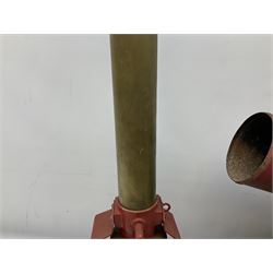 Blue and red painted gas powered bird / pest scarer, bearing label 'Exid bird & pest scarer, imported by C.R.E.A.C.O Hadleigh, Essex', , copper and brass Cymag gas hand pump, three eel spears and a set of badger tongs. Auctioneer's Note: These traps are sold as artefacts for ornamental purposes only as the use of some of them is illegal.