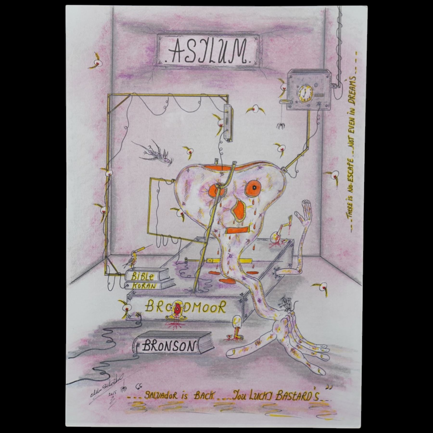 Charles Bronson (Charles Arthur Salvador) (British 1952-): A comprehensive collection of five hundred mixed media works executed between 2000 and 2025. Produced during the artist’s long-term incarceration, the works are primarily in ink, coloured pencil and mixed media on paper. The collection includes multiple formats: A5 (15 works), A4 (308 works), A3 (164 works) and A2 (13 works). Some are signed and dated; a number are executed on the reverse of official prison documents and other repurposed materials, reflecting the limited availability of art materials within the prison environment. This collection represents the largest body of the artist’s work to be offered as a single lot and has not previously been available on the market. (500) (unframed)

Notes: Dated examples span the period from 2000 to 2025, with the greatest concentration produced between 2012 and 2019 and including a group of recent large-scale works from the final years of the period; approximately twenty percent are undated.