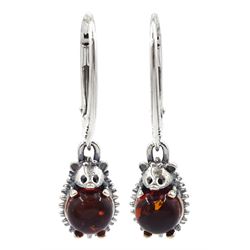 Pair of silver amber hedgehog pendant stud earrings, stamped 925
