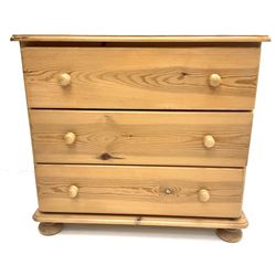 Solid pine chest, three drawers, turned supports 