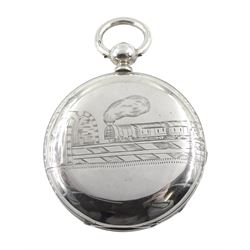19th century silver full hunter dual time, key wound lever railroad pocket watch by Charles Frodsham, the inner dust cover engraved 'Chs Frodsam Liverpool Double Time Piece', dual dials with Roman and Arabic numerals and a subsidiary seconds dial, the case with engraved with a train entering a tunnel and numbered 10684
