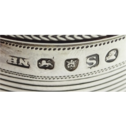 George III silver barrel shaped Christening mug, two reeded bands, engraved foliate design with cartouche, initialled 'RS' by Naphthali Hart, London 1813, approx 3.5oz