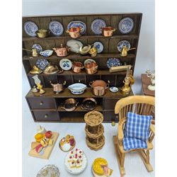 Victorian and later style dolls house kitchen furniture, including countertop, dresser displaying copper pots and blue and white ceramics, baking table, oven, three figures and a collection of food and baking accessories