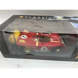 Two Collezione Classico large scale die-cast models of a Ferrari 1972 312P with Racing Fuel Pump and Ferrari 1958 250 Testa Rossa with Road Fuel Pump; and two Minichamps 1:18 scale models of a McLaren Mercedes Racing Car and Auto Union Typ C racing car; all boxed (4)