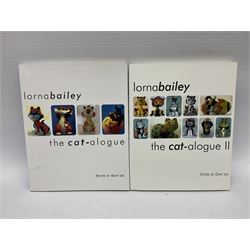 Three Lorna Bailey cat figures, comprising The Playful Pair, limited edition 18/75, Precious and Oggy, all signed beneath, together with two signed The Cat-alogue books edited by Dave Lee, tallest H14cm