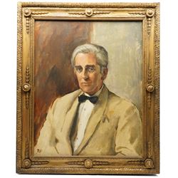 Brenda Bury (British 1932-): Members of European Parliament - 'Frederick Ponsonby 10th Earl of Bessborough' 'Rafton Pounder' 'Sir James Scott Hopkins' 'William Murray 8th Earl of Mansfield & Mansfield' 'John Brewis' and 'Peter Kerr 12th Marquess of Lothian', set of six oils on canvas variously signed, one dated '74, in matching frames, 76cm x 59cm (6)
Provenance: Property of a Nobleman.