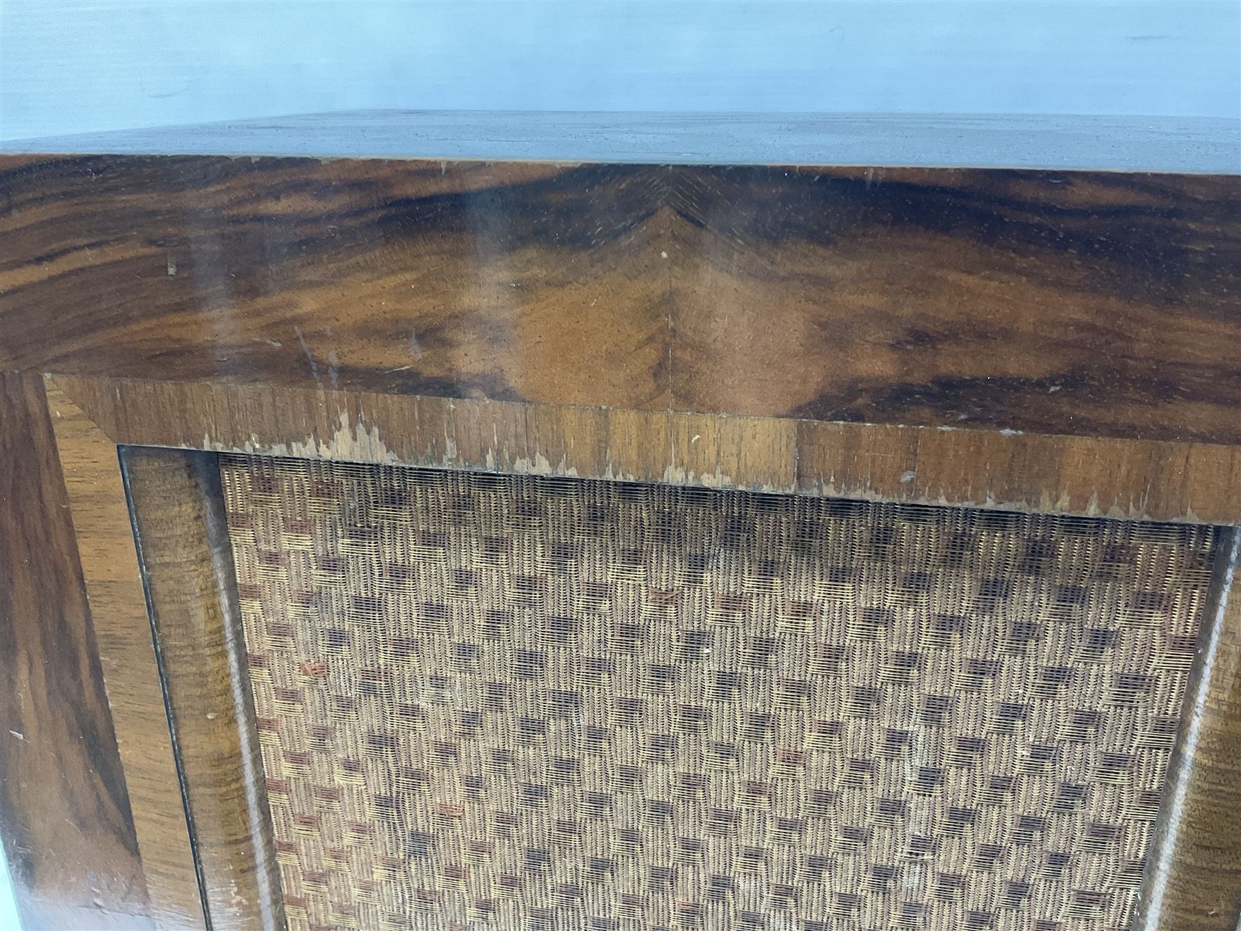 1930s Marconi model 296 valve radio, with Bakelite knobs and trim and 'M' over speaker fret, H40cm W46cm D27cm, together with 1930s Ferguson 702 valve radio with Bakelite knobs, H47cm