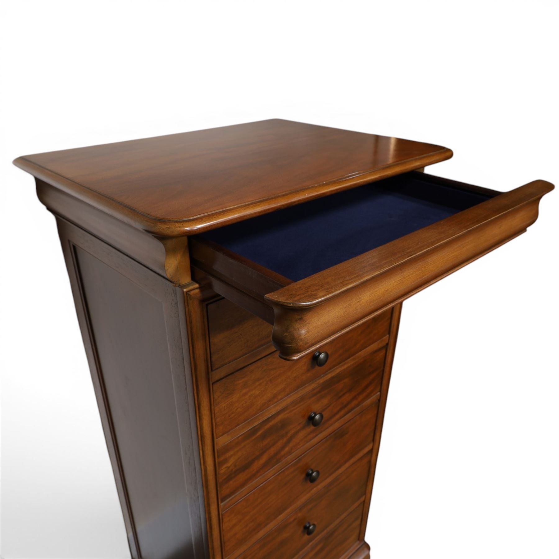 Willis & Gambier - mahogany tall chest, rectangular chamfered top, with frieze drawer with blue baize lining, over six graduating drawers with black pulls, raised on bracket feet