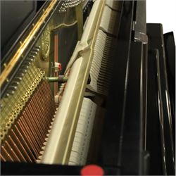 Yamaha model U5 upright piano retailed by Harrods, 88 keys and three pedals within high gloss ebonised case, serial no. 6055292, with Roland black button top piano stool