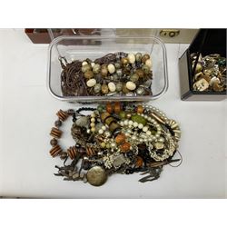 Collection of costume jewellery including enamel and marcasite flower brooch, two V Villani Italy bangles, clip on earrings, brooches, bangles, beaded necklaces and a Skagen wristwatch