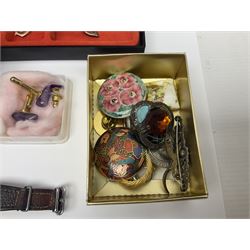 Scottish silver Ola Gorie arctic tern brooch and a matching pair of earrings, 9ct gold stud earrings, collection of costume jewellery, three wristwatches including Ingersoll and Rotary, a Freeman's Alright pocket watch and a continental silver fob watch stamped 935