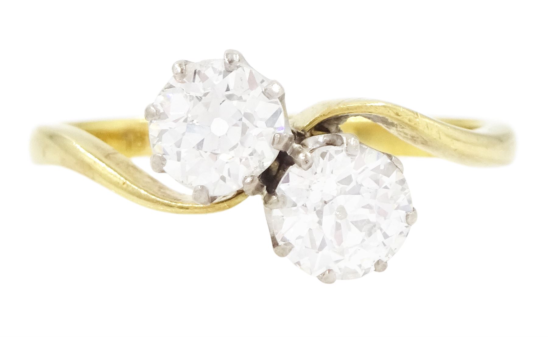 Gold diamond ring, crossover set with two old cut diamonds, stamped 18ct, total diamond weight approx 1.30 carat