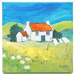 Ann Lamb (British 1955-): Cow, Pig and Rural Cottage, three mixed media signed 20cm x 20cm (3) (unframed)