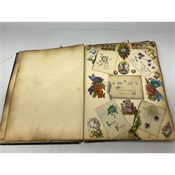 Victorian scrapbook of various fixed decoupage to include, greeting cards, portraiture, flowers, animals etc,