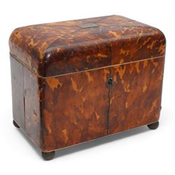 George III tortoiseshell and ivory strung tea caddy, of sarcophagus form, the domed cover with silver plaque engraved with the crest and motto of Clan Grant, the fitted interior with two tortoiseshell and ivory handled covers, on four possibly later brass ball feet, H16cm x W19cm 