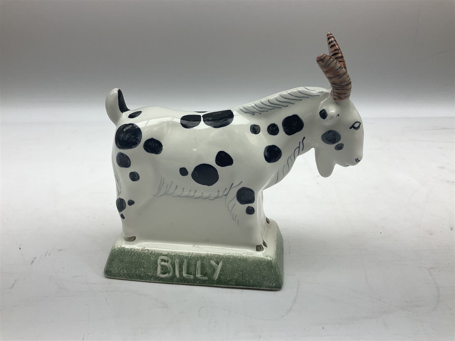 Six Rye Pottery figures, comprising, jumping fox, squirrel upon a branch, billy goat, bull, chicken and cockerel  