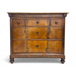 19th century French figured mahogany and walnut chest, rectangular top over three short and two long drawers, on turned feet
