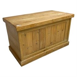 Waxed pine blanket box, hinged lid over panelled front