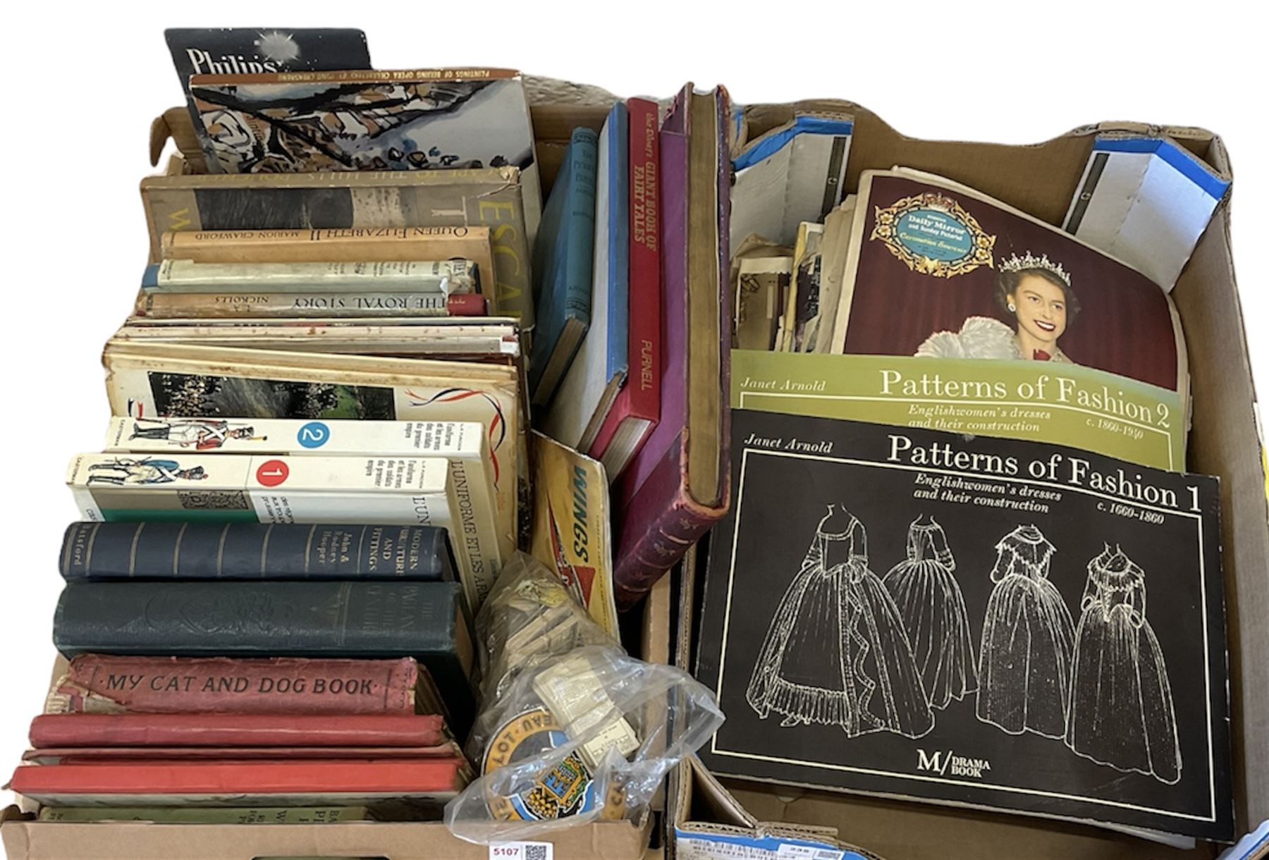 Assorted books, to include Janet Arnold Patterns of Fashion 1 and 2, a quantity of Royal Family related books and magazines, and a small number of children's books, etc., plus a quantity of cigarette cards, including examples by Wills, and Players.
