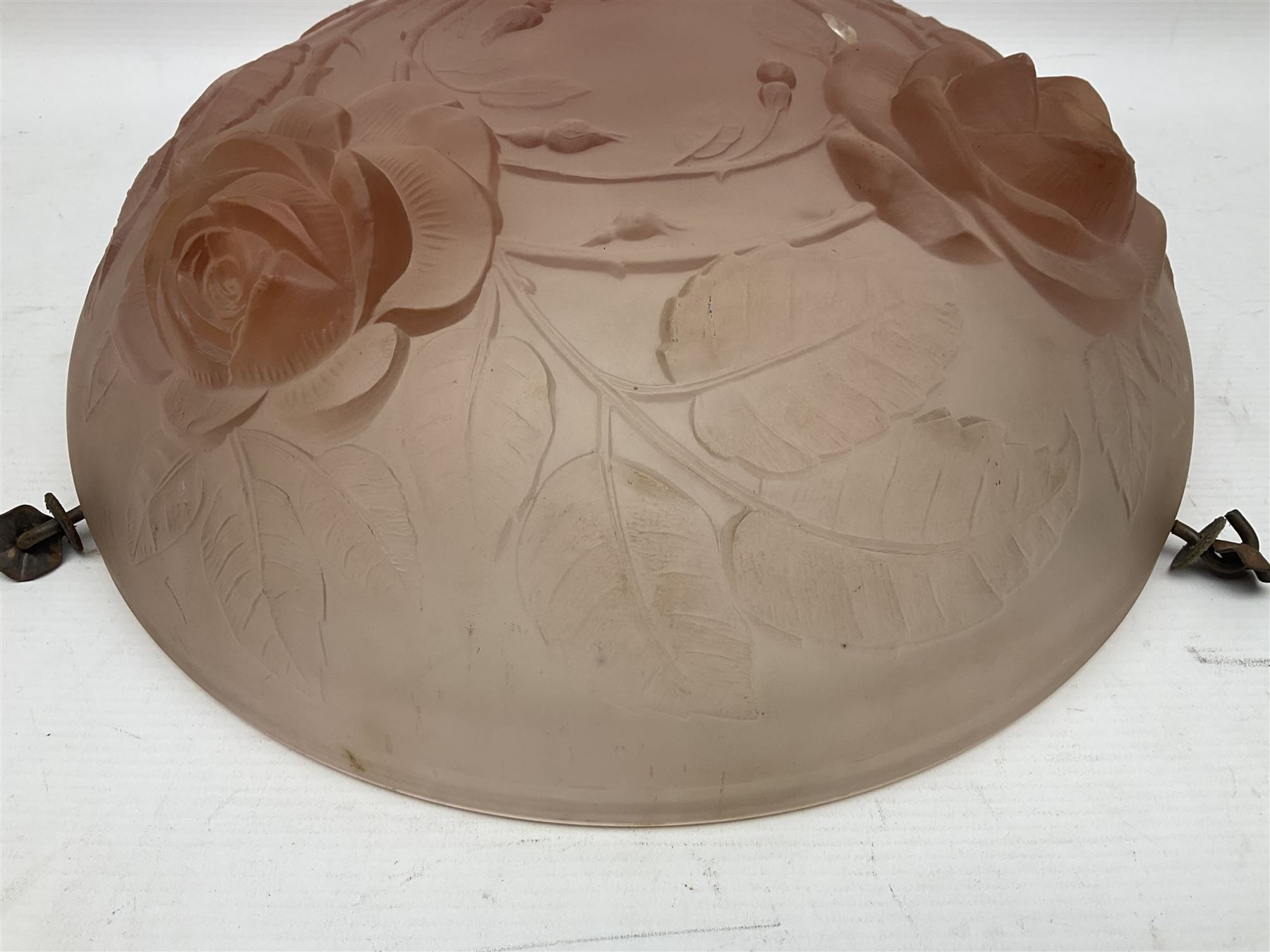 1930s pink frosted glass ceiling light shade, decorated with roses, D