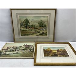George Hewitt (British 19th/20th century): Manor House Landscape, watercolour signed and dated 1894, 26cm x 36cm; English School (20th century): Autumn Field Landscape, gouache indistinctly signed 17cm x 25cm; English School (20th century): Dales Hamlet Landscape, watercolour indistinctly signed 25cm x 33cm (3)