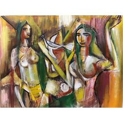 Francis Perera (Sri Lankan 1931-): 'Divided Love', oil on canvas signed, titled verso 73cm x 86cm (unframed)
Notes: Perera a noted Sri Lankan artist has had many solo exhibitions both in his home country and overseas. He is a six time winner of the Presidential Award, represented Sri Lanka in Washington DC to commemorate the 50th anniversary of its independence, exhibited at the Royal Commonwealth Society in 2002, and at the 20th International Art Festival in Germany.