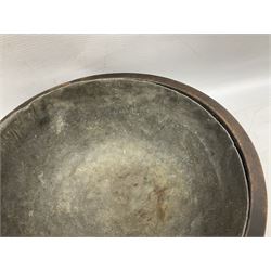 19th century pole lathe turned sycamore bowl, the interior housing lead liner, the exterior decorated with bands of deep grooves, D28cm