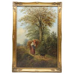 Henry Charles Bryant (British 1835-1915): Girl Carrying Hay with Terrier, oil on canvas signed 74cm x 49cm