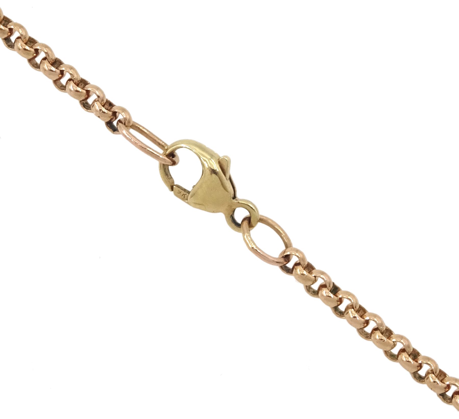 9ct rose gold agate and bloodstone swivel fob by David Scott Walker, Sheffield 1995, on 9ct rose gold belcher link chain necklace, hallmarked