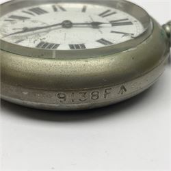 Early 20th century British Army officer's campaign clock in the form of a key-less wind nickel cased pocket watch with white dial, Roman numerals and subsidiary seconds dial, inscribed H. Williamson Ltd. London 9138F, the back with broad arrow and 9138F; in leather travelling case with dial aperture and brass easel support H14cm