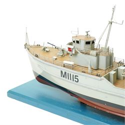 Scale built wooden model of the minesweeper HMS Bronington M1115 on wooden base, under the command of HRH Prince Charles in 1976 L104cm with booklet and drawings