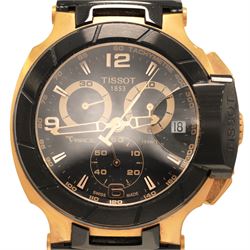 Tissot T-Race gentleman's stainless steel chronograph quartz wristwatch, Ref. T04817, black dial with Arabic and indexes hour markers and subsidiary dials, on black rubber strap with fold-over clasp, boxed with warranty card dated 2012